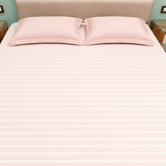 Geometric Queen Pure Cotton Bedsheet — Pink Stripes