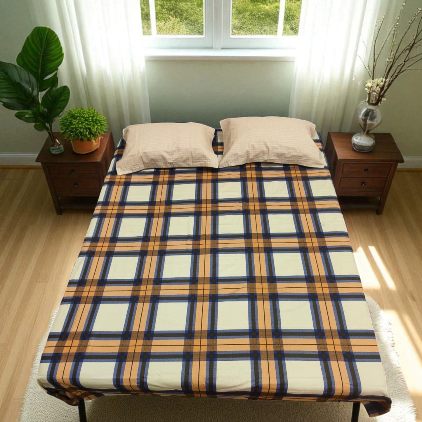Geometric Queen Pure Cotton Bedsheet — Multicolour Checks