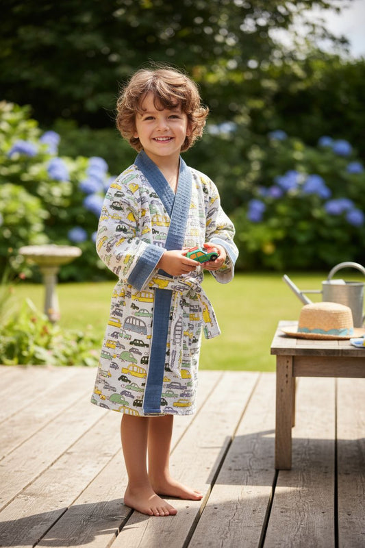 Kids Handblock Printed Waffle Bathrobe-Zoom Wheels