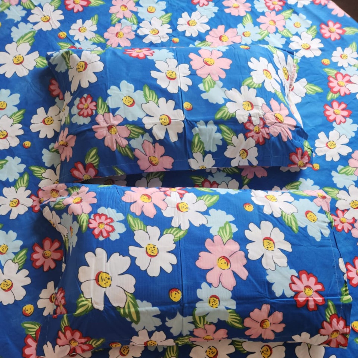 Floral Queen Glaze  Cotton Bedsheet — Blue- G05