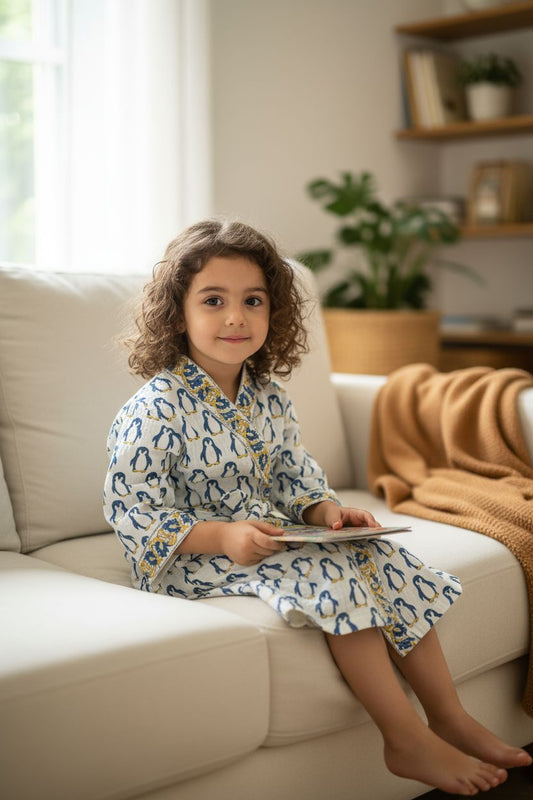 Kids Handblock Printed Waffle Bathrobe- Polar Penguins