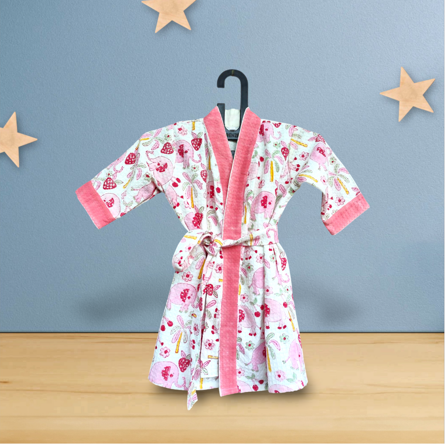 Kids Handblock Printed Waffle Bathrobe -Rosy Elephants