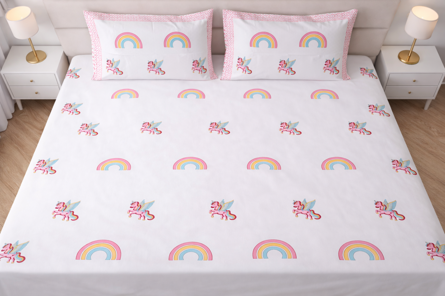 Unicorn Dream Kids King Pure Cotton Bedsheet-Pink