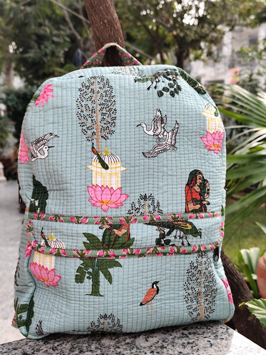 Lotus Garden  Kids  Zip Backpack-Light Blue