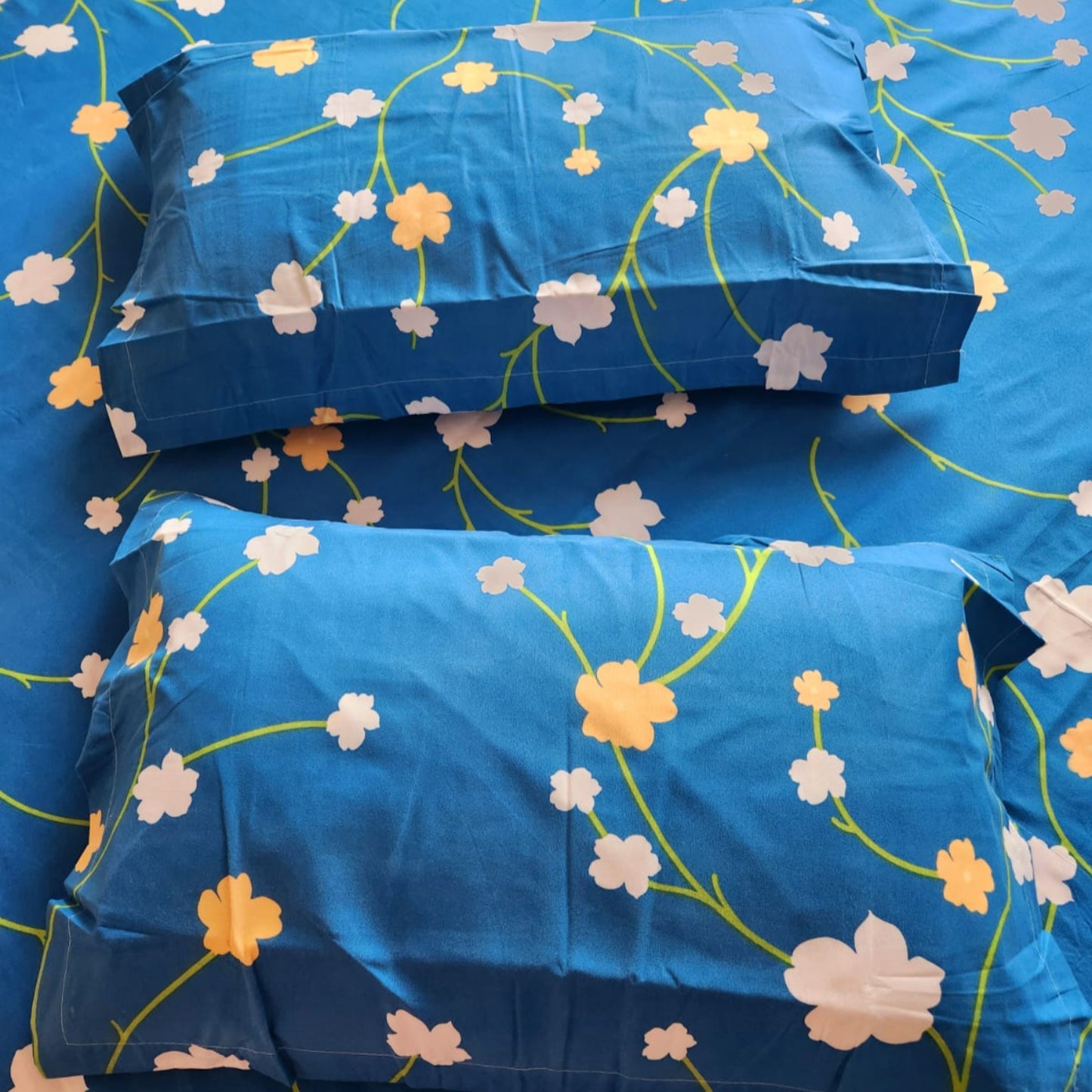 Floral Queen Glaze  Cotton Bedsheet — Blue -G04