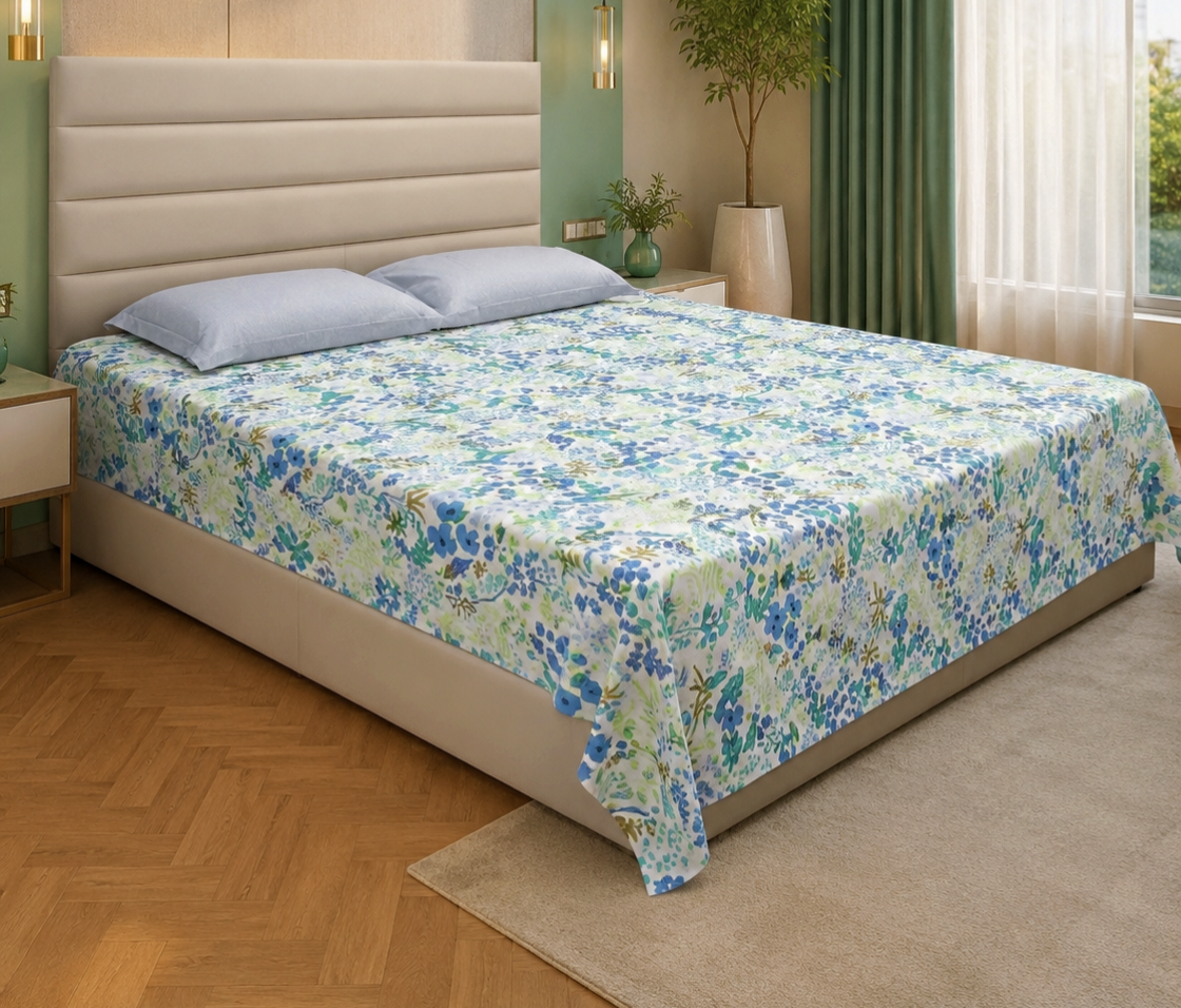 Floral King Pure Cotton Bedsheet —Aqua