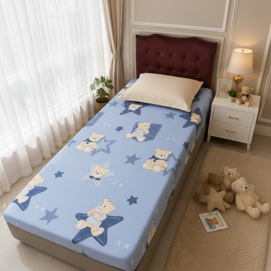 Kids Single Pure  Cotton Bedsheet — Blue Teddy