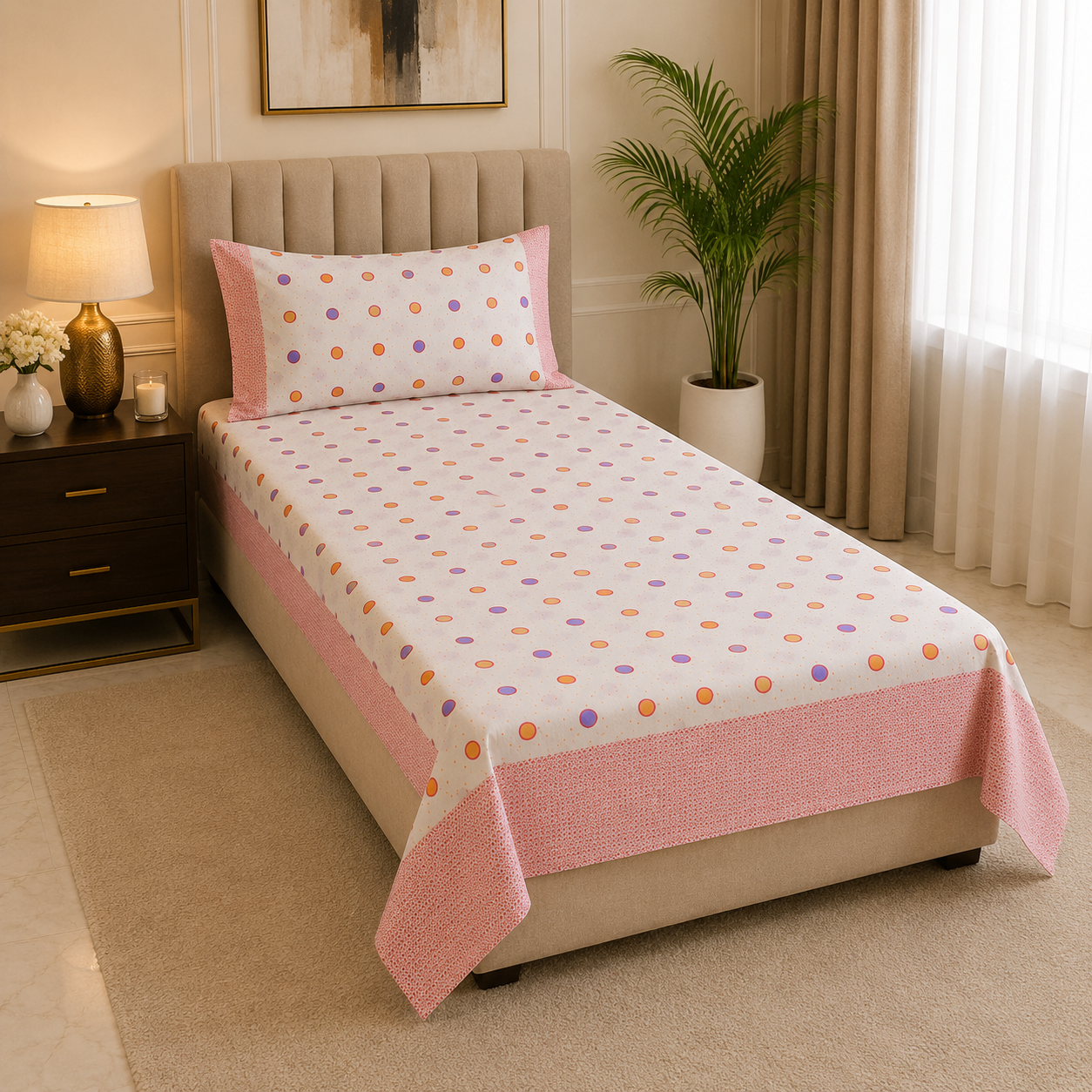 Geometric Single Pure Cotton Bedsheet — White Multi Dots