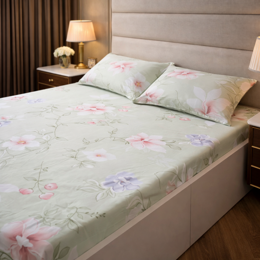 Floral Queen Glaze  Cotton Bedsheet —Mint Flowers
