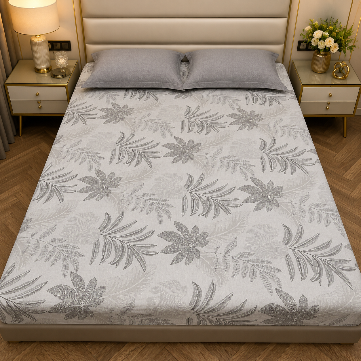 Floral Queen Pure Cotton Bedsheet —Grey
