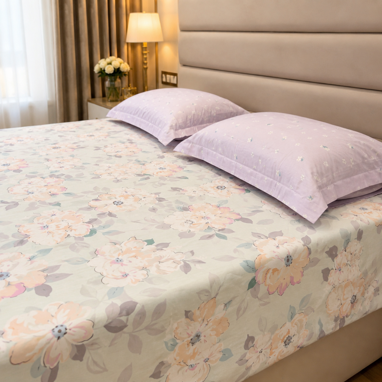 Floral Queen Pure Cotton Bedsheet —Pastel Green