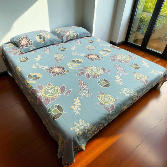 Floral Queen Pure Cotton Bedsheet — Blue-Q03