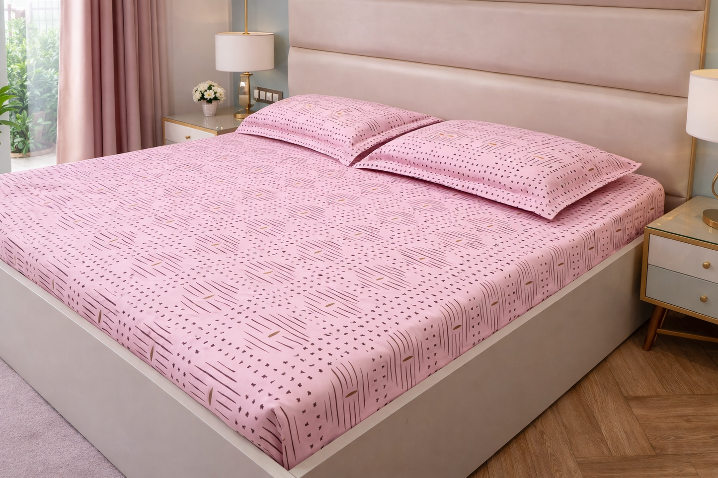 Geometric Queen Glaze  Cotton Bedsheet —Pink