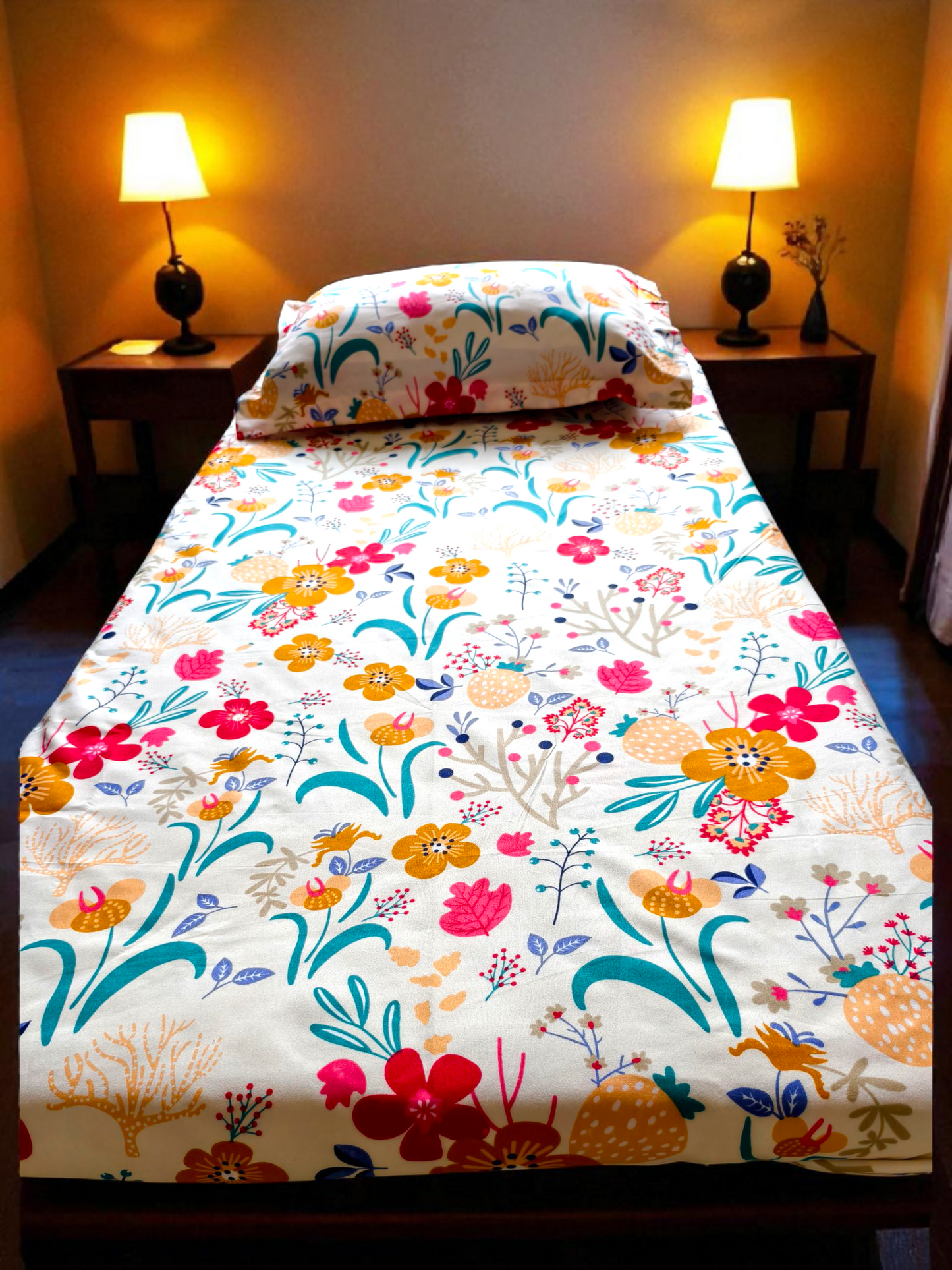 Floral Single Glaze  Cotton Bedsheet — Multicolour