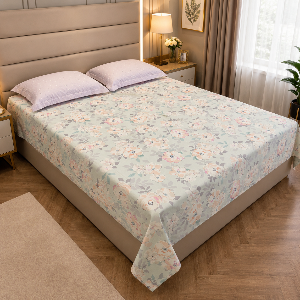 Floral Queen Pure Cotton Bedsheet —Pastel Green