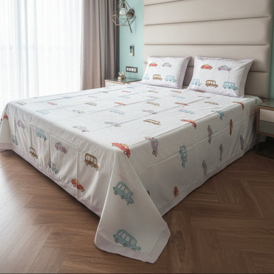 Car Ride Kids King Pure Cotton Bedsheet- Multicolour