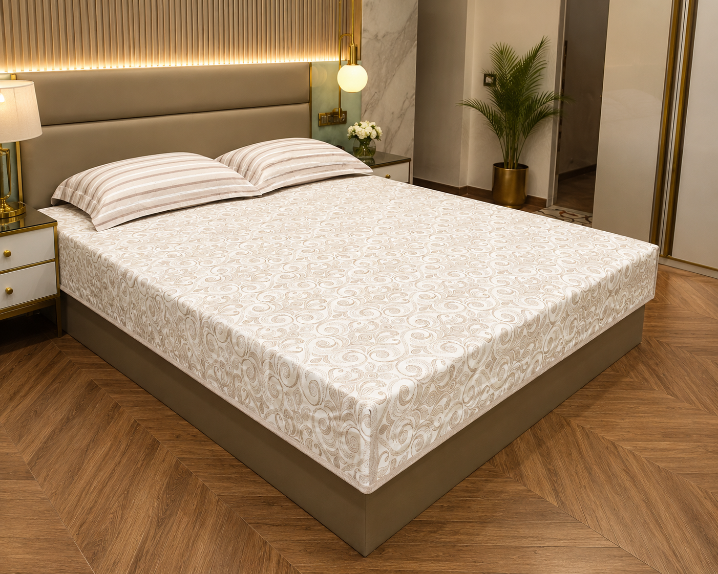 Geometric Queen Pure Cotton Bedsheet —Beige