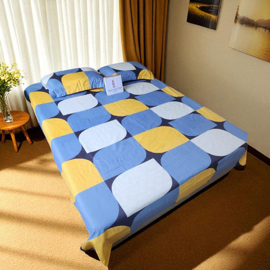 Geometric Queen Glaze  Cotton Bedsheet — Blue Blocks