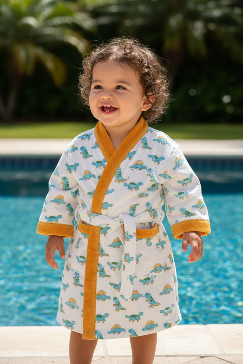 Kids Handblock Printed Waffle Bathrobe-Tiny Dinos