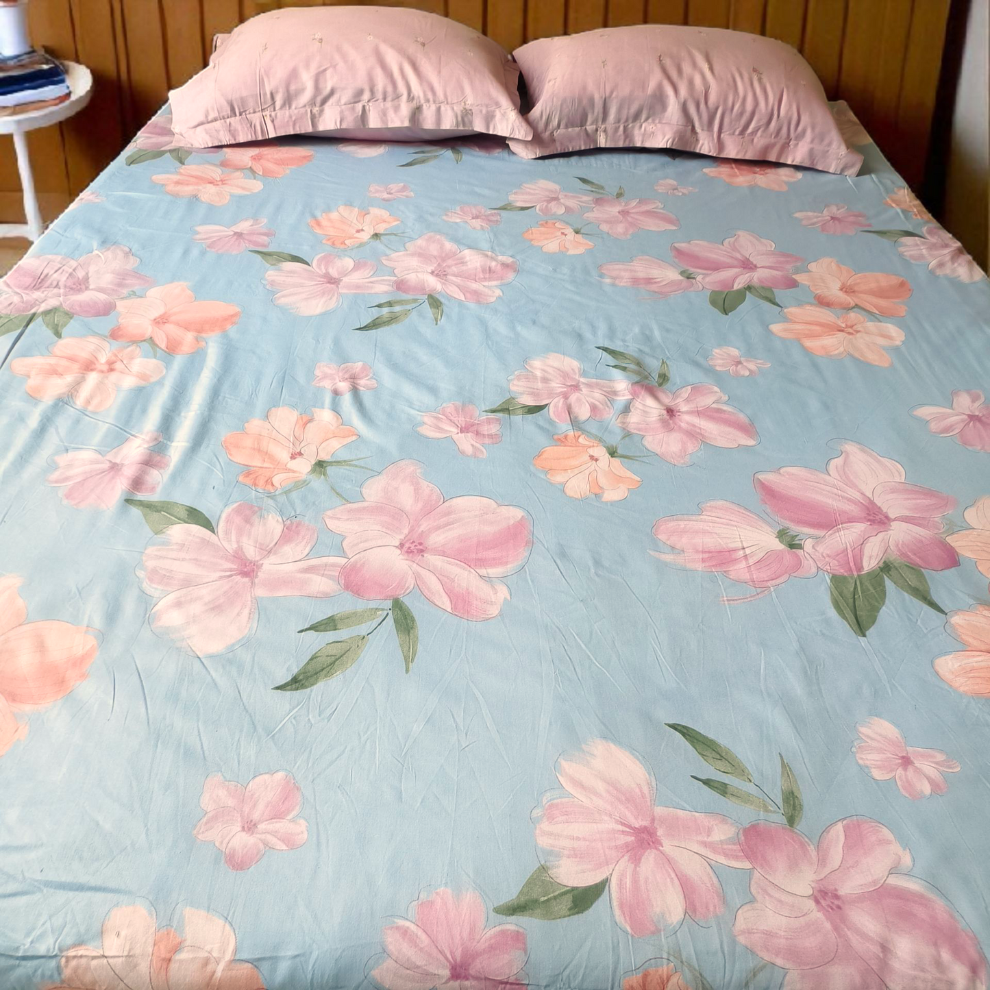 Floral Queen Pure Cotton Bedsheet — Blue-Q01