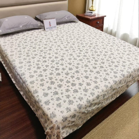 Floral King Pure Cotton Bedsheet —White-F02