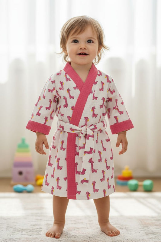 Kids Handblock Printed Waffle Bathrobe- Rosy Giraffe