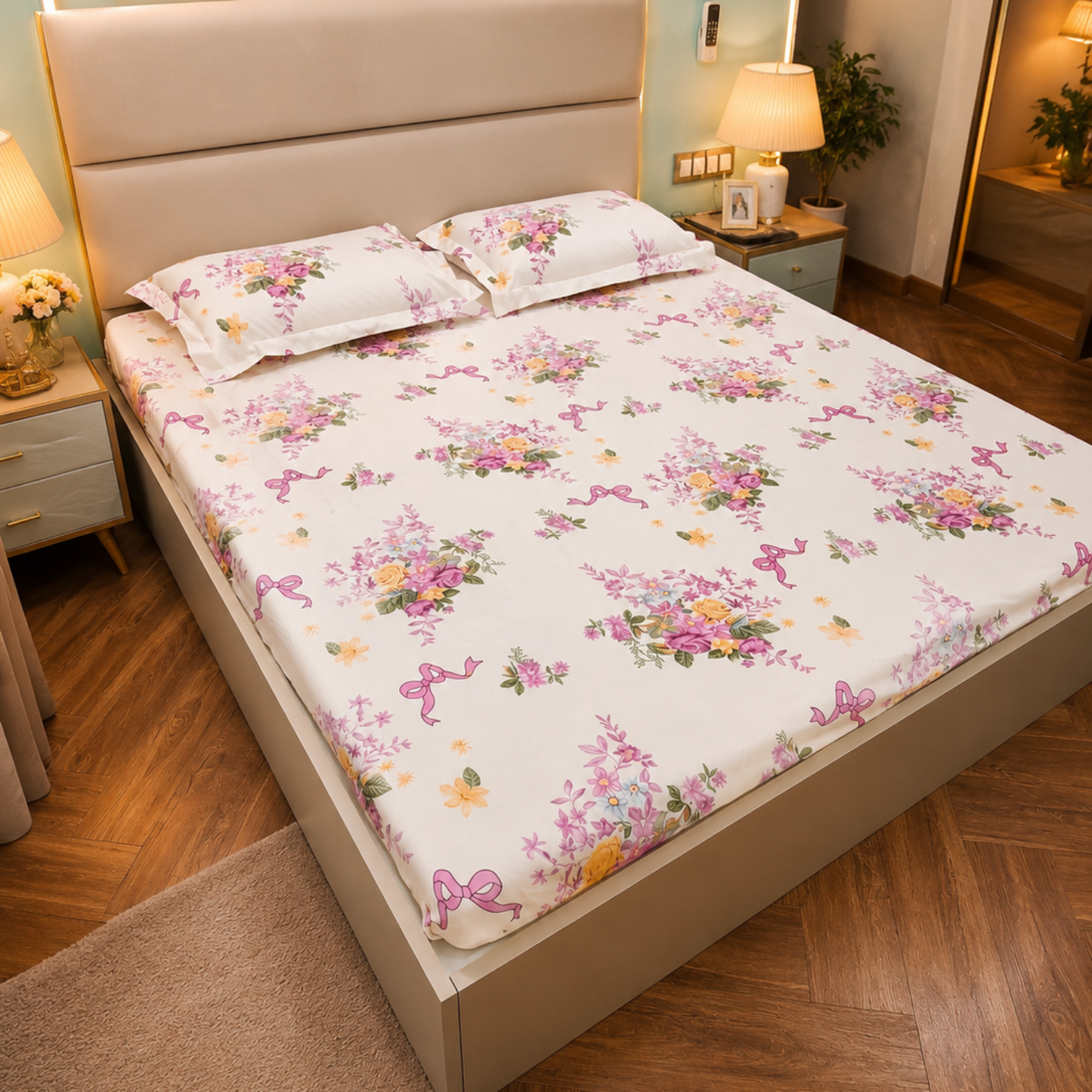 Floral Queen Glaze  Cotton Bedsheet —white