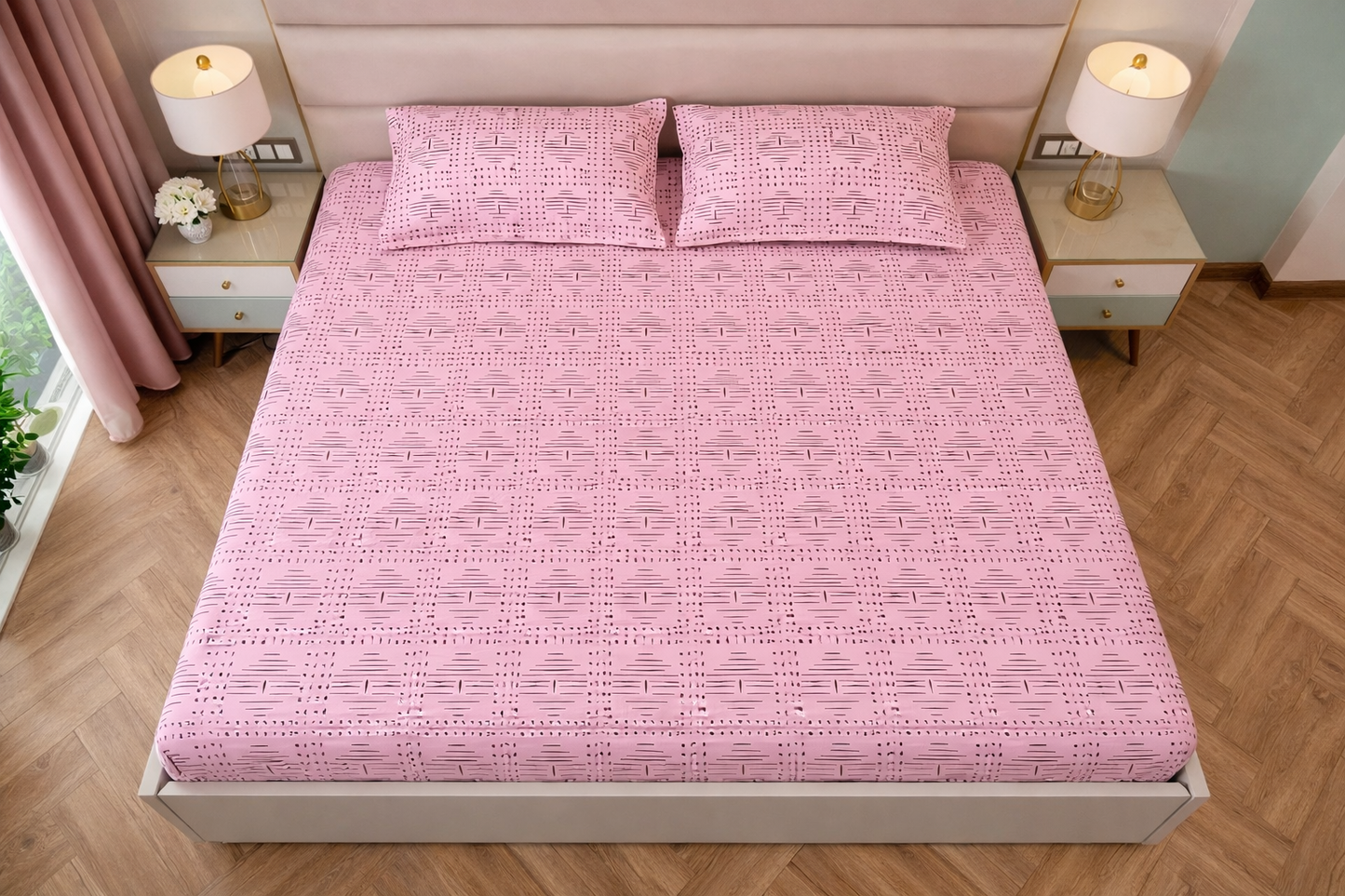 Geometric Queen Glaze  Cotton Bedsheet —Pink