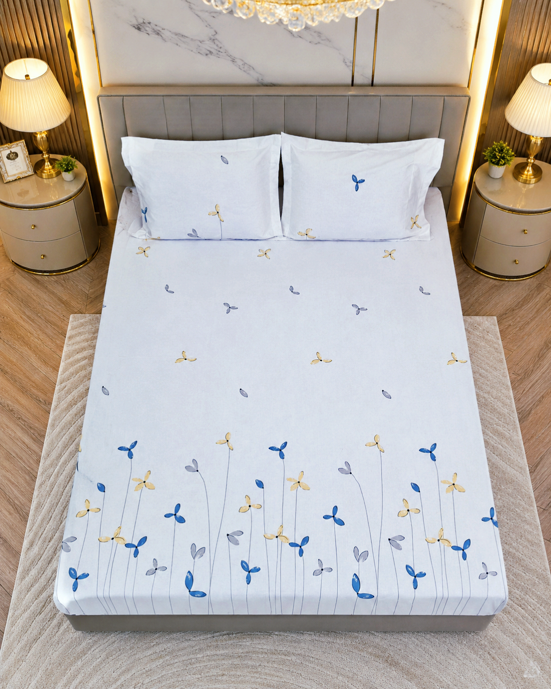 Floral King Pure Cotton Bedsheet — White-F02