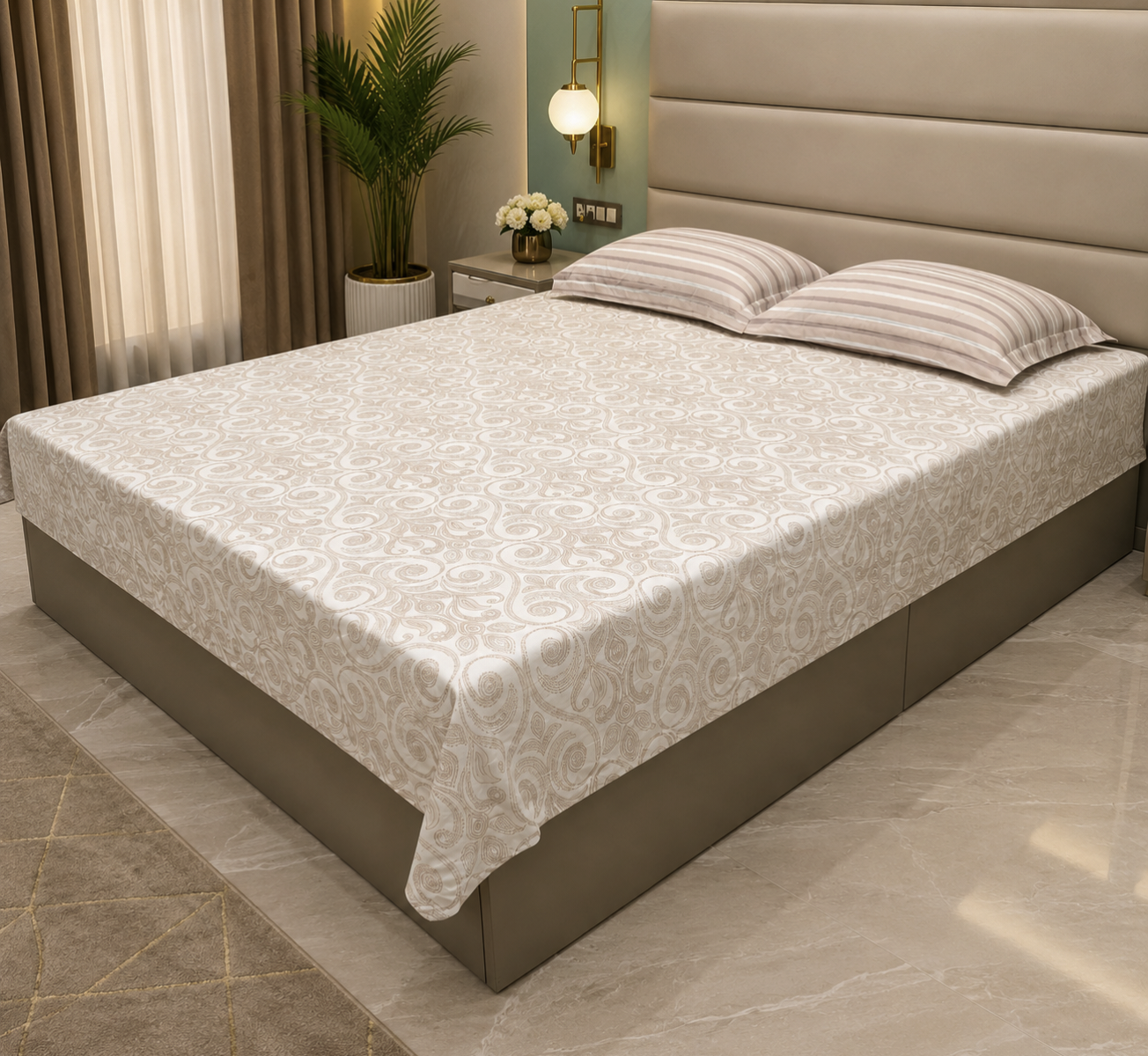 Geometric Queen Pure Cotton Bedsheet —Beige