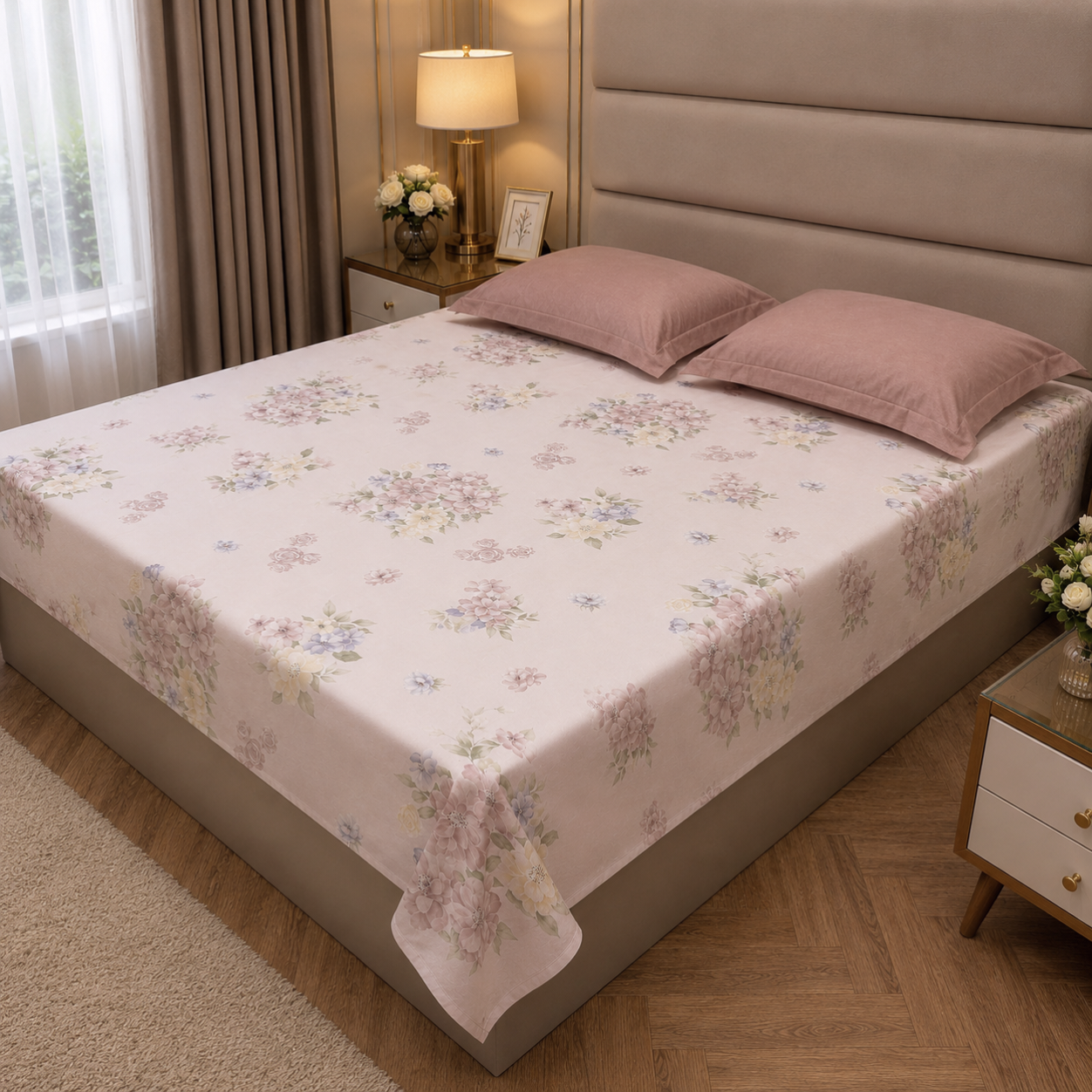 Floral Queen Pure Cotton Bedsheet —Pastel Pink