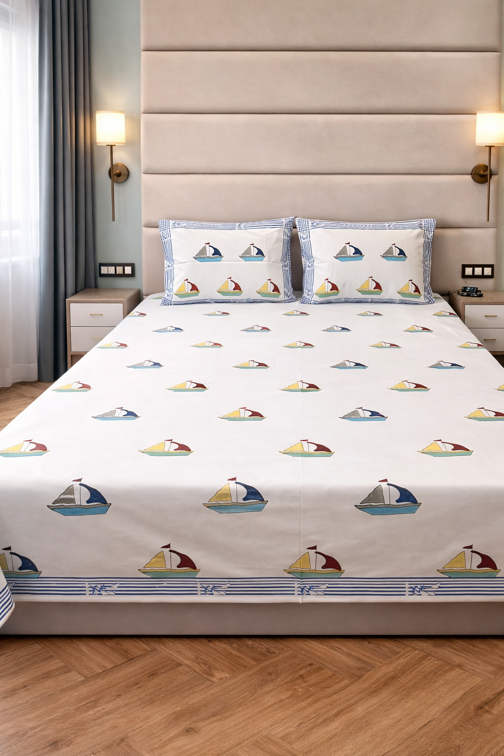 Yatcht Fun Kids King Pure Cotton Bedsheet-Blue