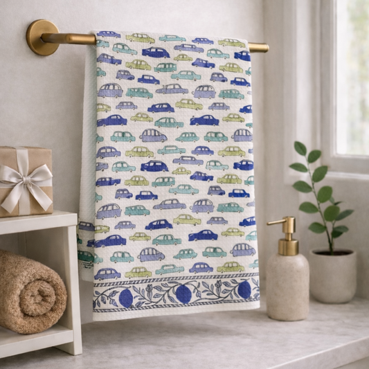 Kids Handblock Printed Waffle Towel-Happy Wheels