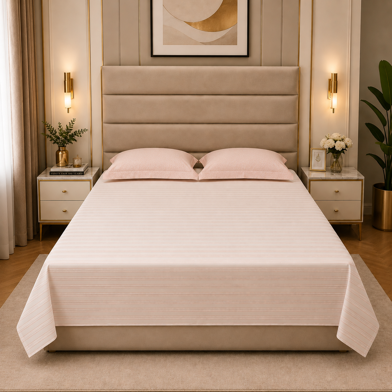 Geometric Queen Pure Cotton Bedsheet — Pink Stripes