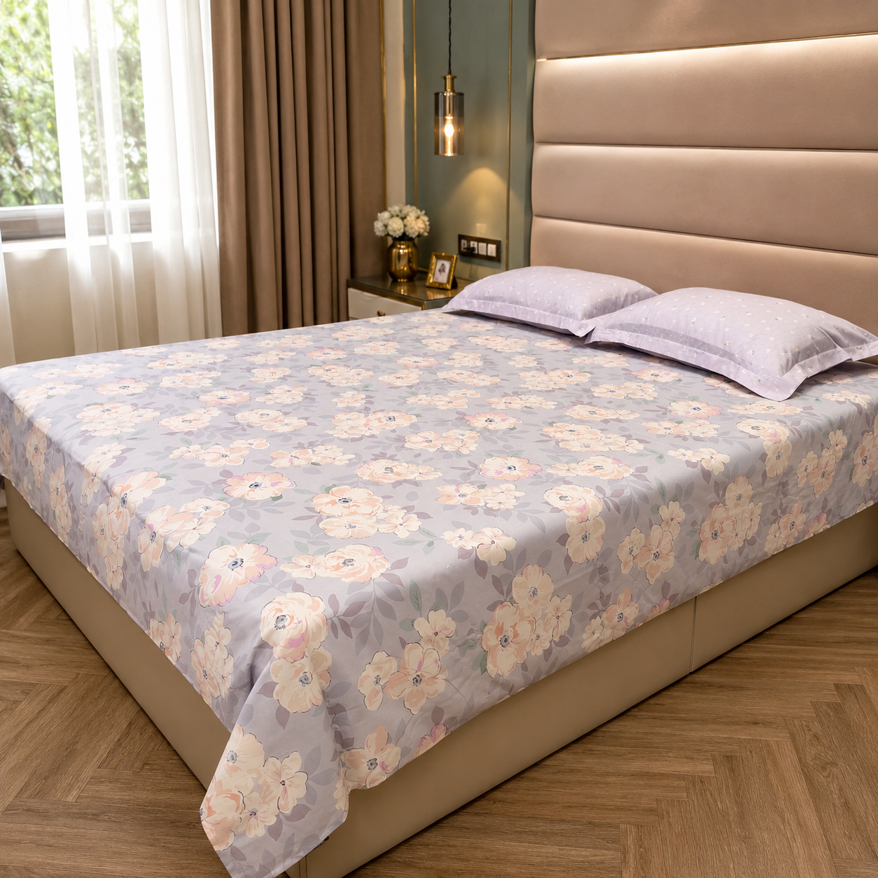 Floral Queen Pure Cotton Bedsheet —Pastel Blue