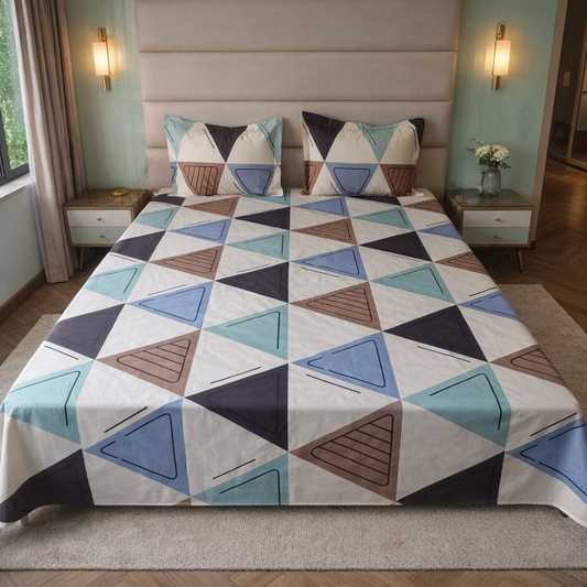 Geometric Queen Glaze  Cotton Bedsheet —Multi Triangle