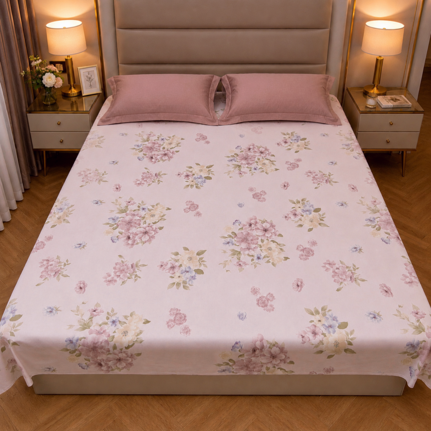 Floral Queen Pure Cotton Bedsheet —Pastel Pink